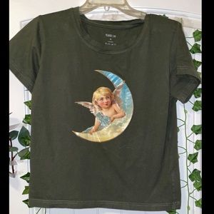 Small shein dark green angel and moon t-shirt.